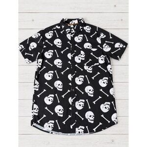Rugby University Button Down Shirt Skull Crossbones Goth Emo Punk Black Medium